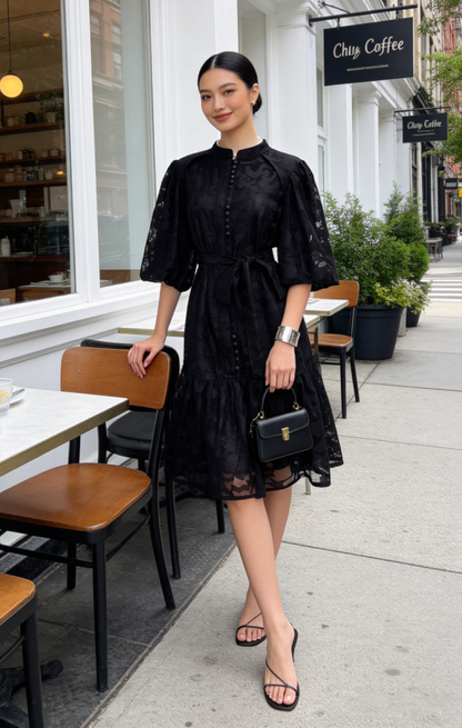 Black Romantic Puff Sleeve Mini Dress