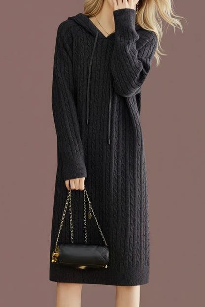 Women's Cable Knit Sweater Hoodie Midi Dress