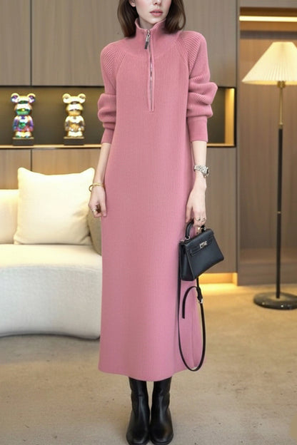 Women's Knit Long Sleeve Quarter Zip Sweater Maxi Dress