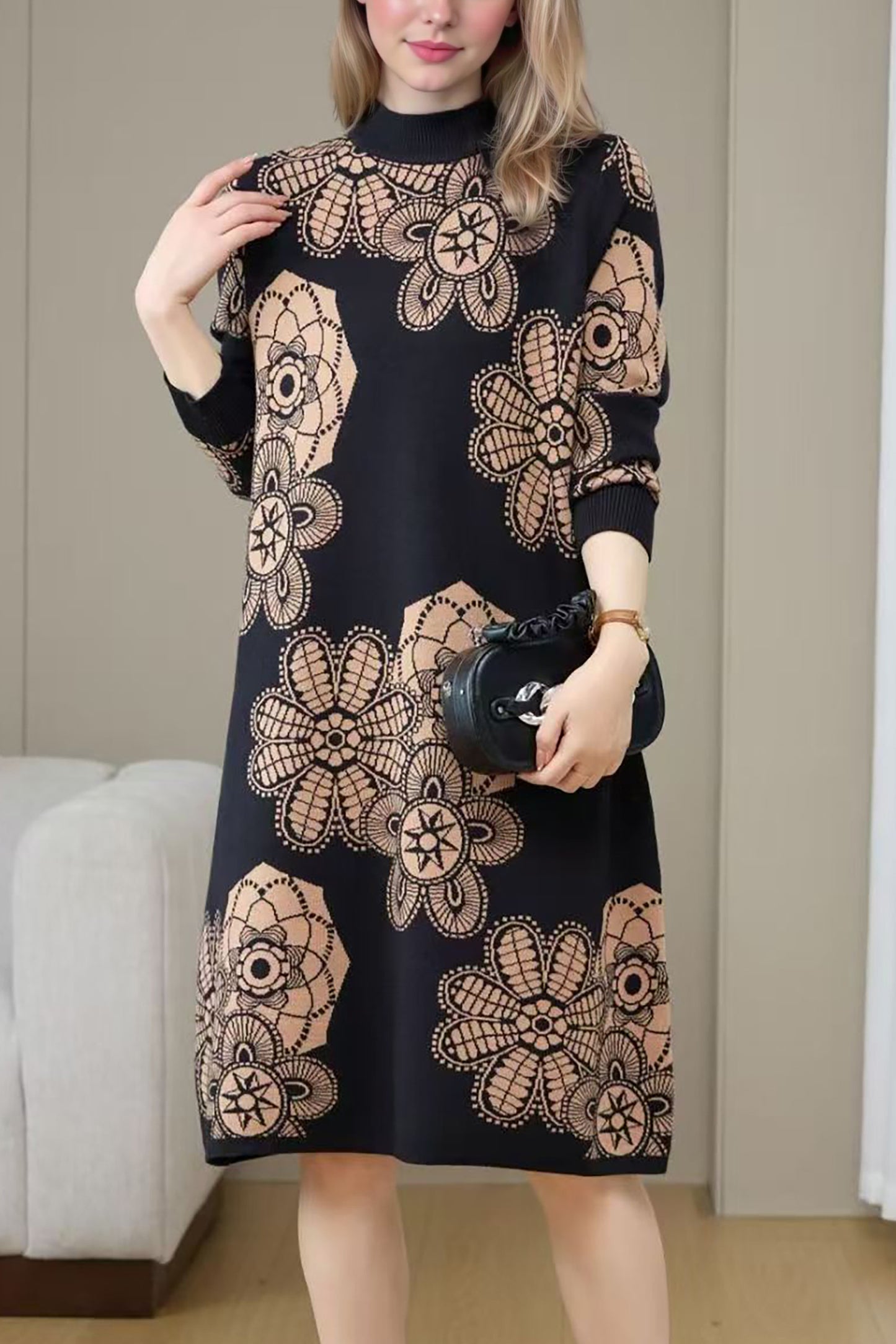 Women's Turtleneck Print Pullover Sweater Midi Dress