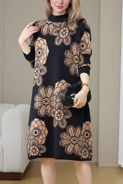 Women's Turtleneck Print Pullover Sweater Midi Dress