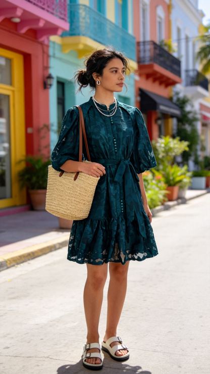 Emerald Jacquard Puff Sleeve Mini Dress