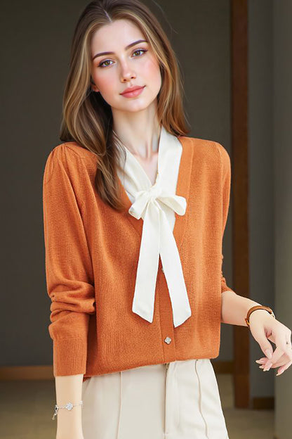 Women's Color Block Tie Neck Knit Top Sweater