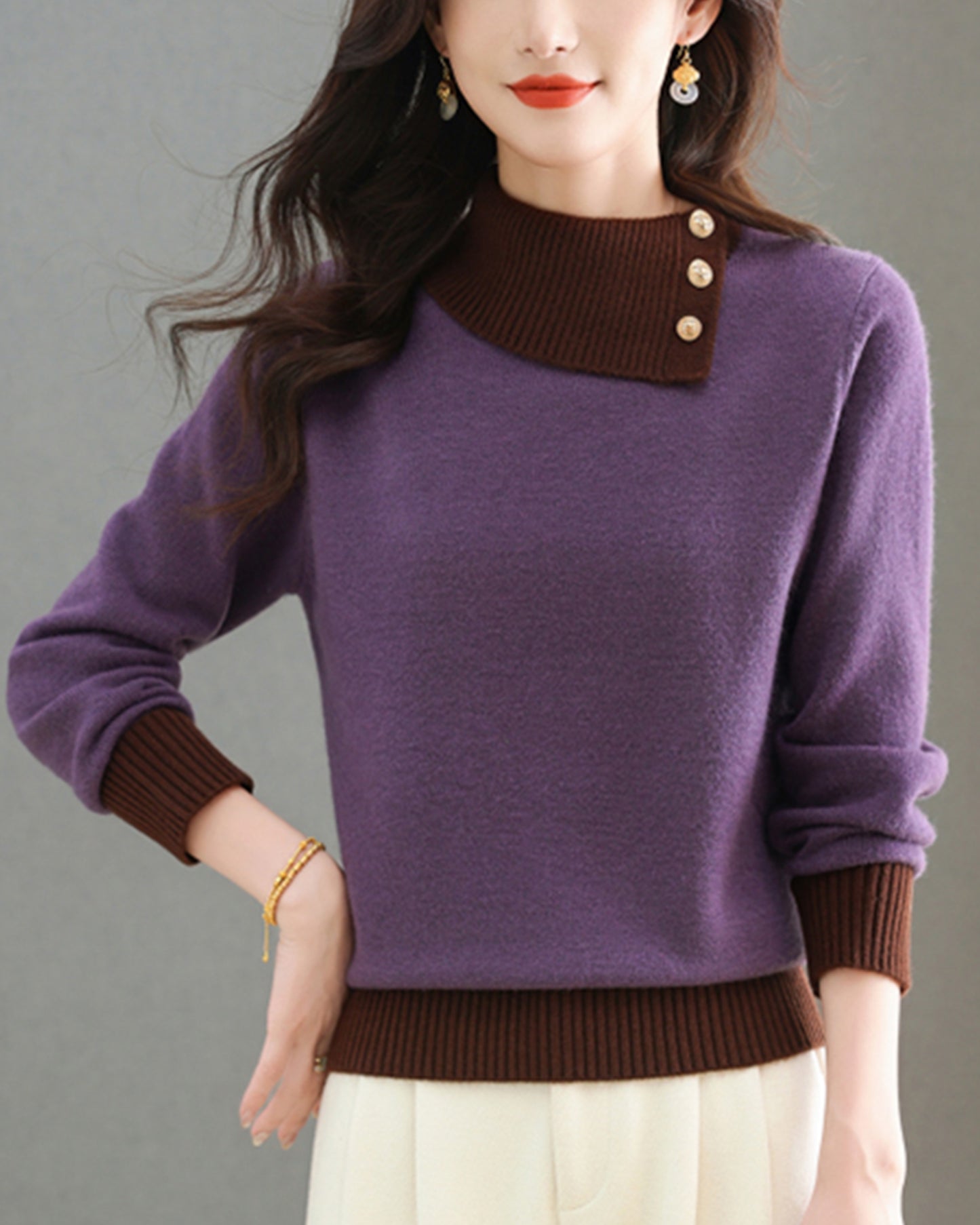 Chic Color-Block Knit Sweater – Asymmetric Neck Pullover Tops