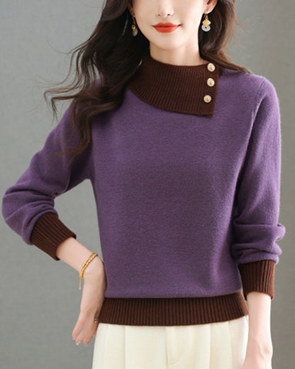Chic Color-Block Knit Sweater – Asymmetric Neck Pullover Tops