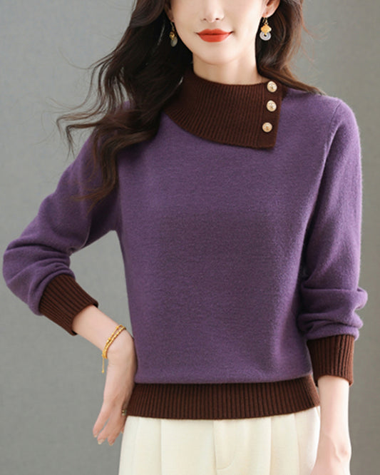 Chic Color-Block Knit Sweater – Asymmetric Neck Pullover Tops