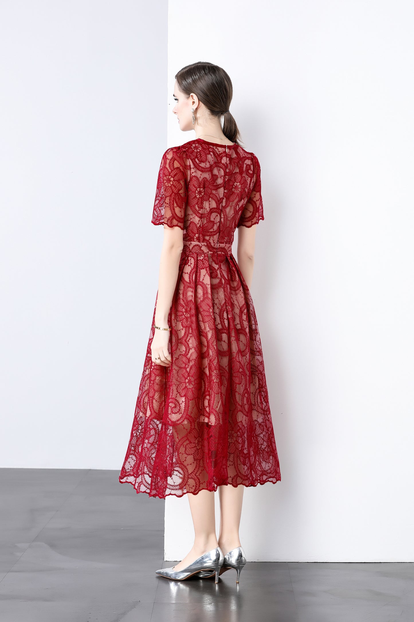 Red Lace Bow Midi Dress – Elegant Romantic Summer Party Dress