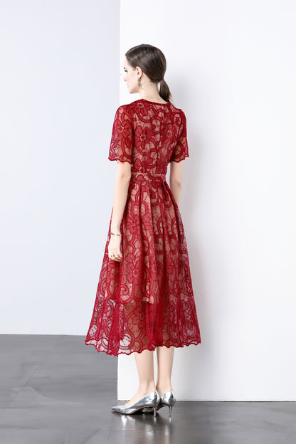 Red Lace Bow Midi Dress – Elegant Romantic Summer Party Dress