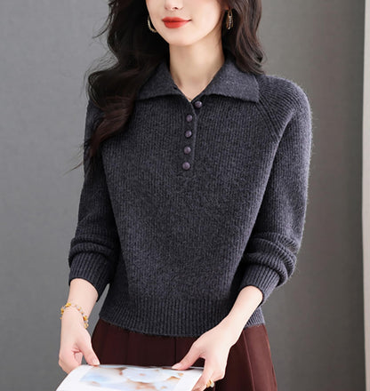 Women's Ribbed Knit Polo Top — Soft Button-Front Sweater