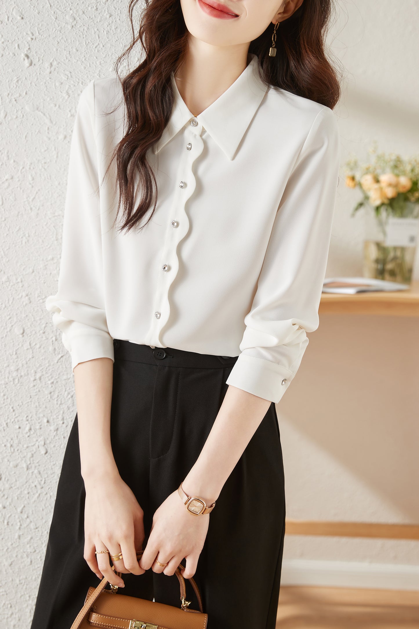 Women's V Neck Lantern Sleeve Blouse Button Tops