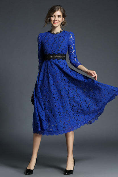 SSY-Women's 3/4 Sleeve Lace Overlay Cocktail Wedding Midi Dress - LAI MENG FIVE CATS