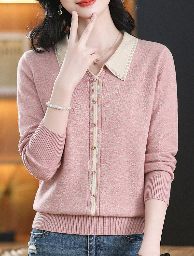 Chic Contrast Collar Knit Sweater Long Sleeve Pullover Top
