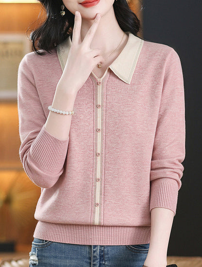 Chic Contrast Collar Knit Sweater Long Sleeve Pullover Top