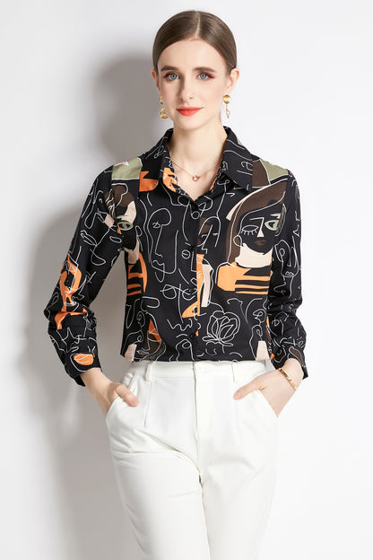 ESY-Women's Long Sleeve Lapel Collar Print Button Blouse