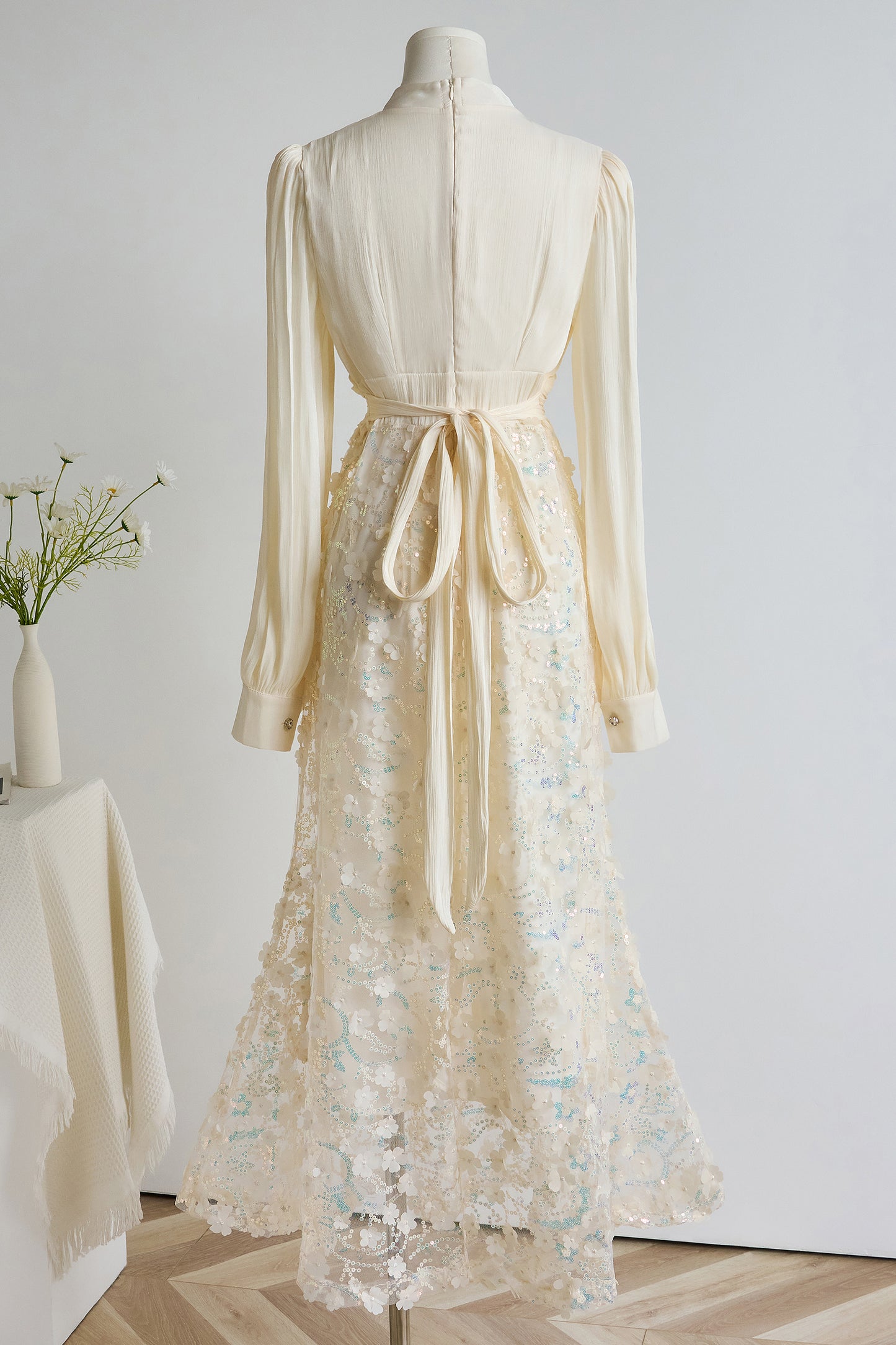 Elegant Sequin Embroidered 3D Floral Maxi Evening Dress