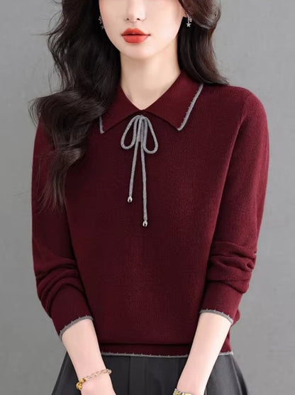 Contrast Trim Bow Collar Knit Top Long Sleeve Soft Sweater