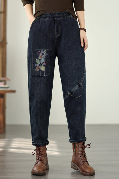 Women's Elastic Waist Embroidery Denim Jeans