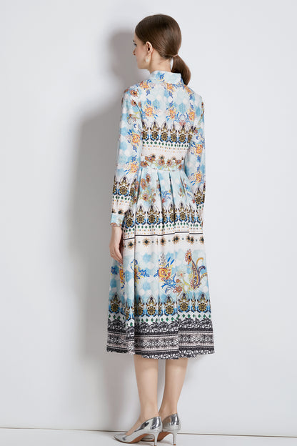 FSY-Women's 3/4 Sleeve Floral Print Button Midi Dress - LAI MENG FIVE CATS