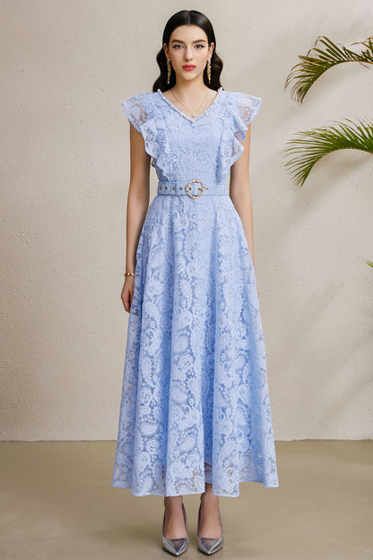 Women's Pearl V-Neck Lace Sleeveless Ruffled Sleeves Maxi Dress