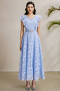 Women's Pearl V-Neck Lace Sleeveless Ruffled Sleeves Maxi Dress