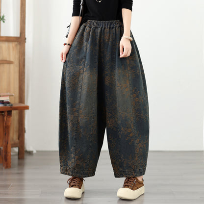 Women's Loose Floral Denim Jeans Elastic Waist Boho Lantern Pants