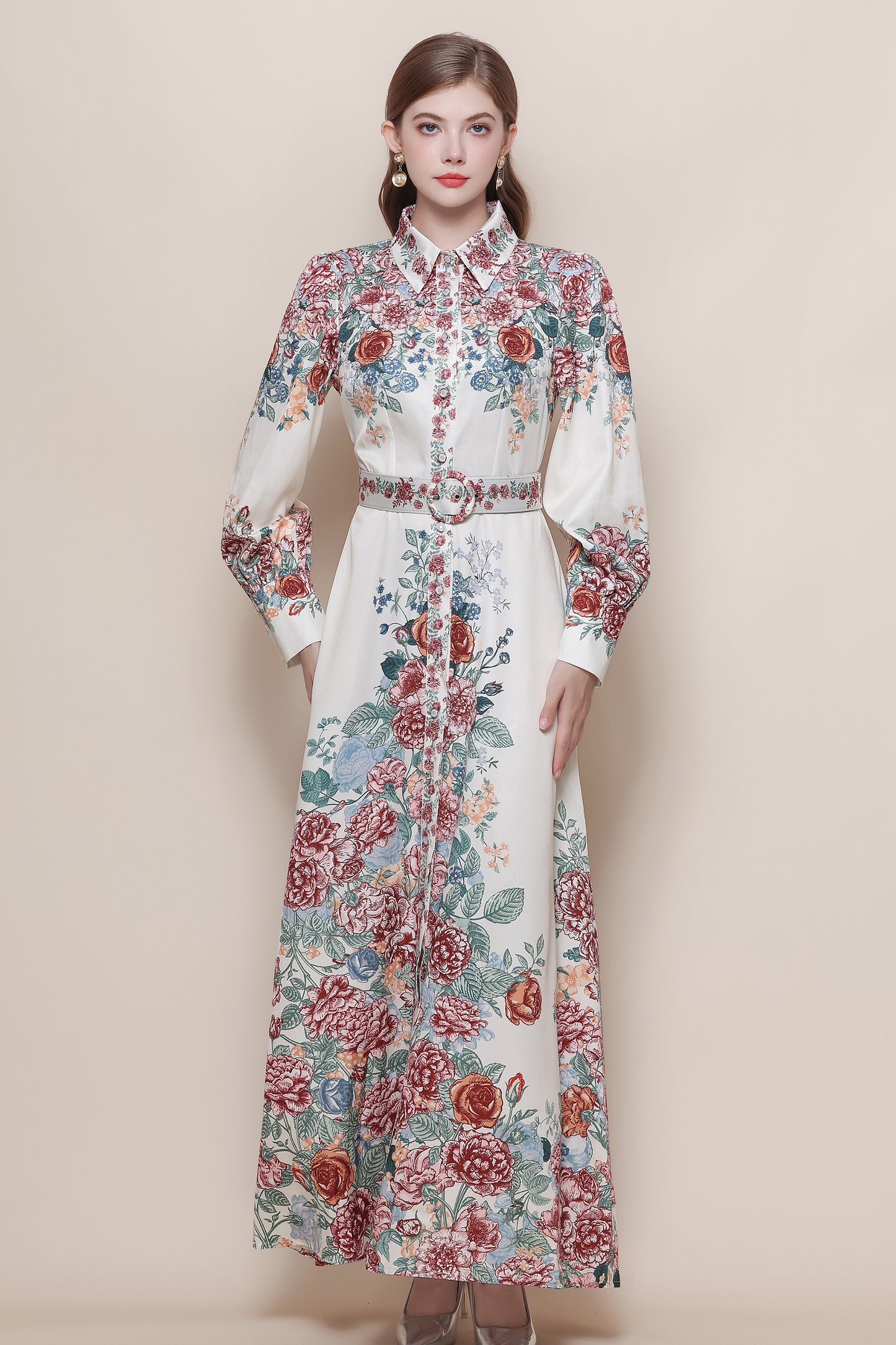 26-Women's Floral Print Button Long Dress Maxi Dress
