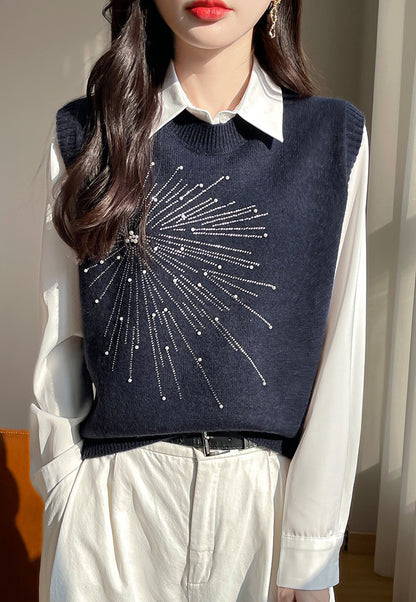 Women's 2 in 1 Round Neck Soft Sweater Top Chic Layering Office Casual