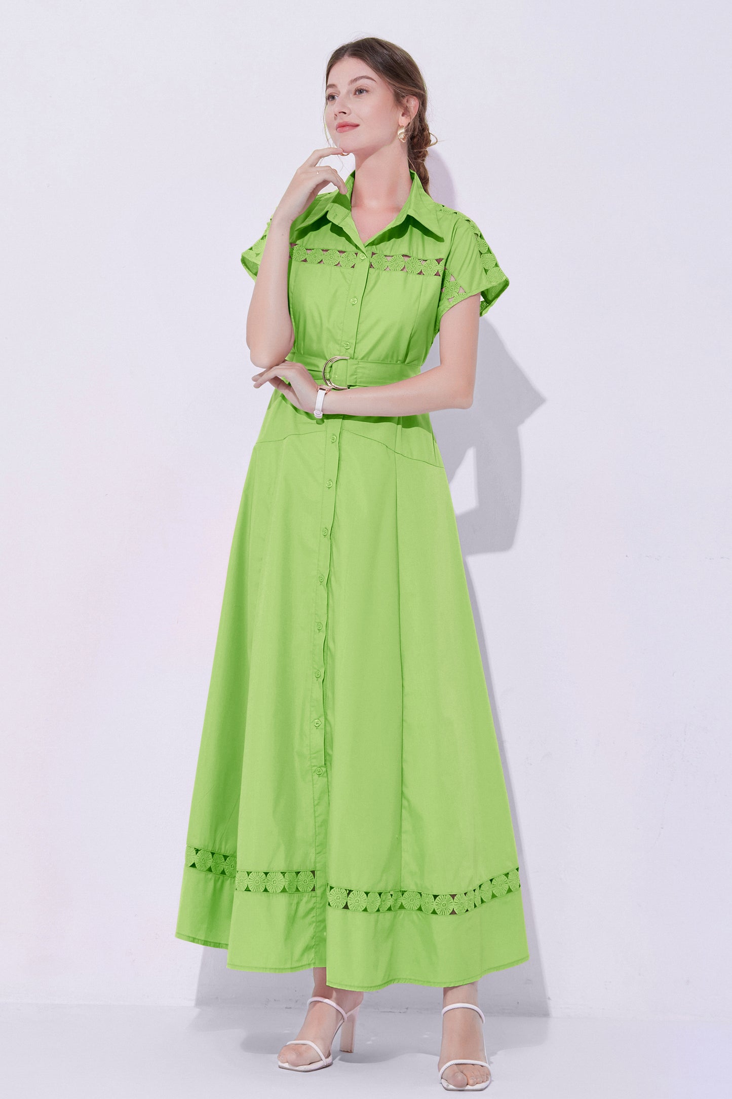 Women's Collar Hollow Cap Sleeve  Maxi Dress