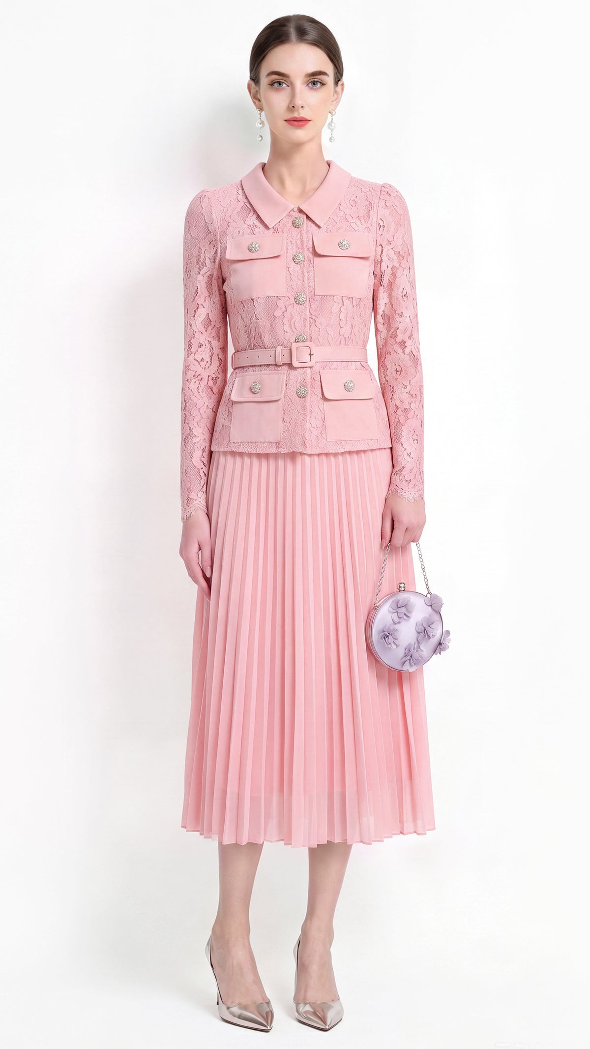 28729 Elegant Lace Pleated Midi Dress with Belt – 4 Colors