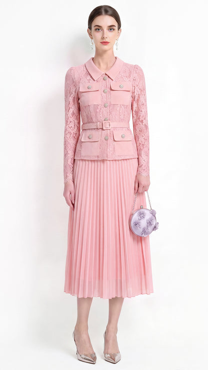 28729 Elegant Lace Pleated Midi Dress with Belt – 4 Colors