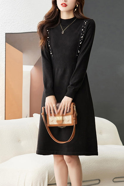 Knit Bead Solid Color Pullover Midi Dress