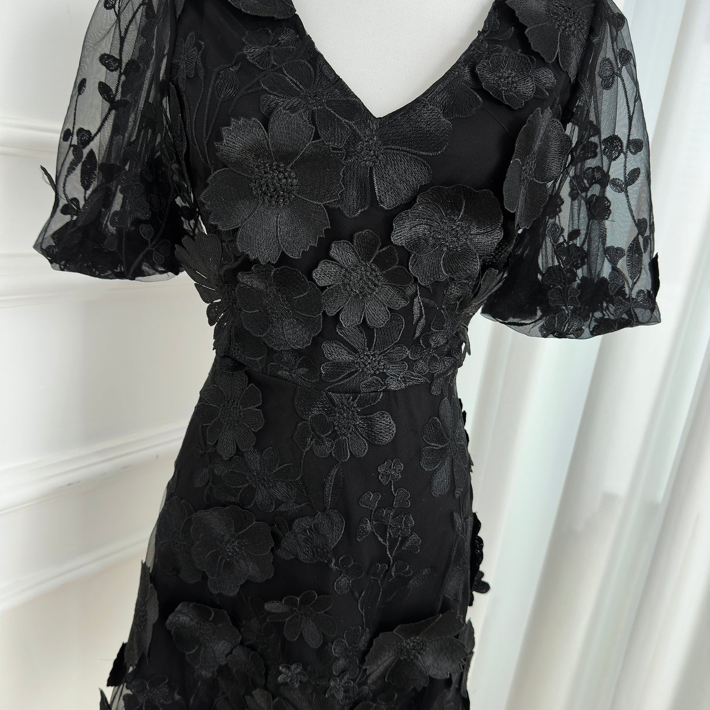 Black Floral Embroidered V-neck Mini Dress