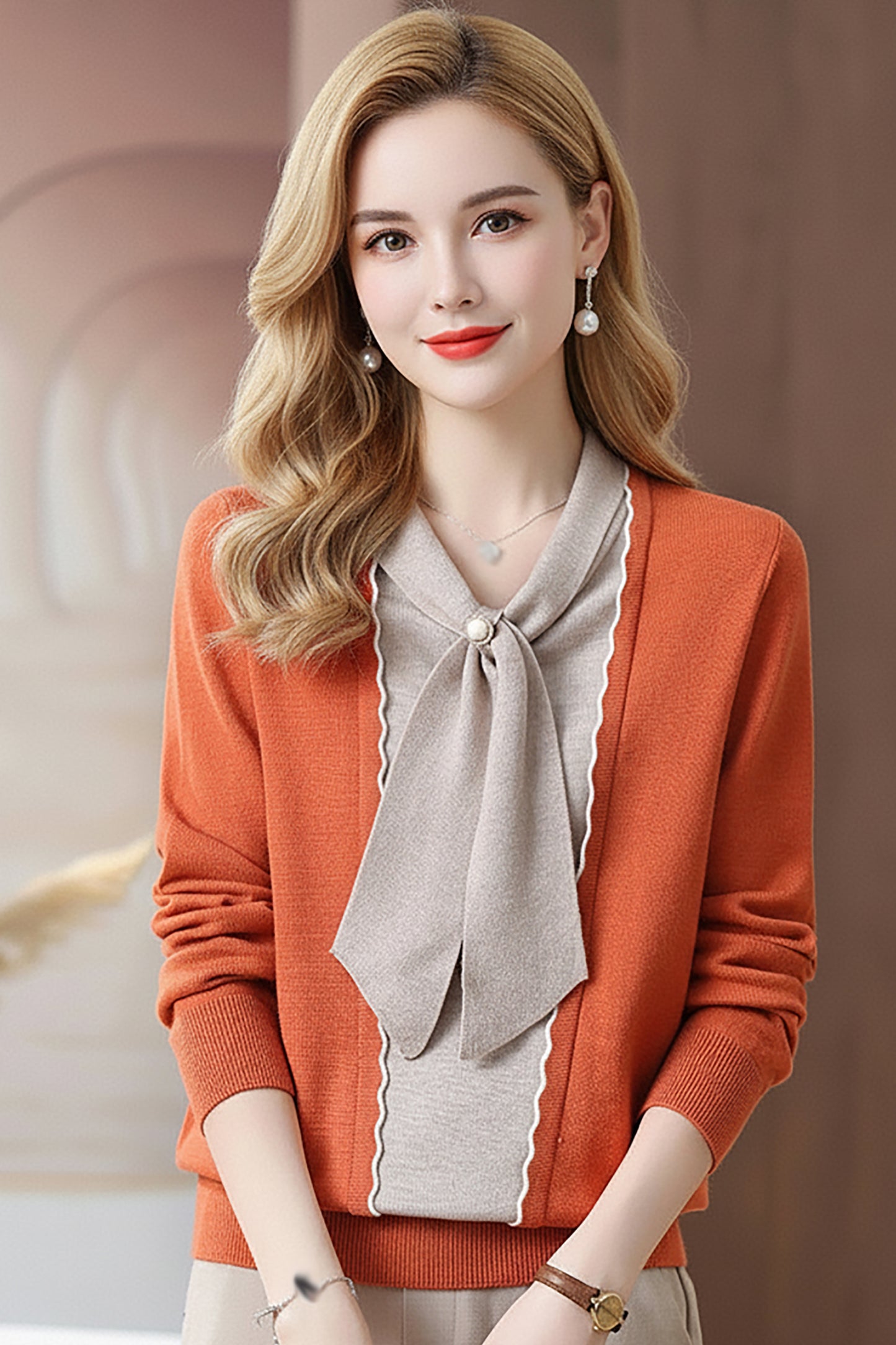 Women's Tie Neck Sweater Color Block Knit Pullover Tops