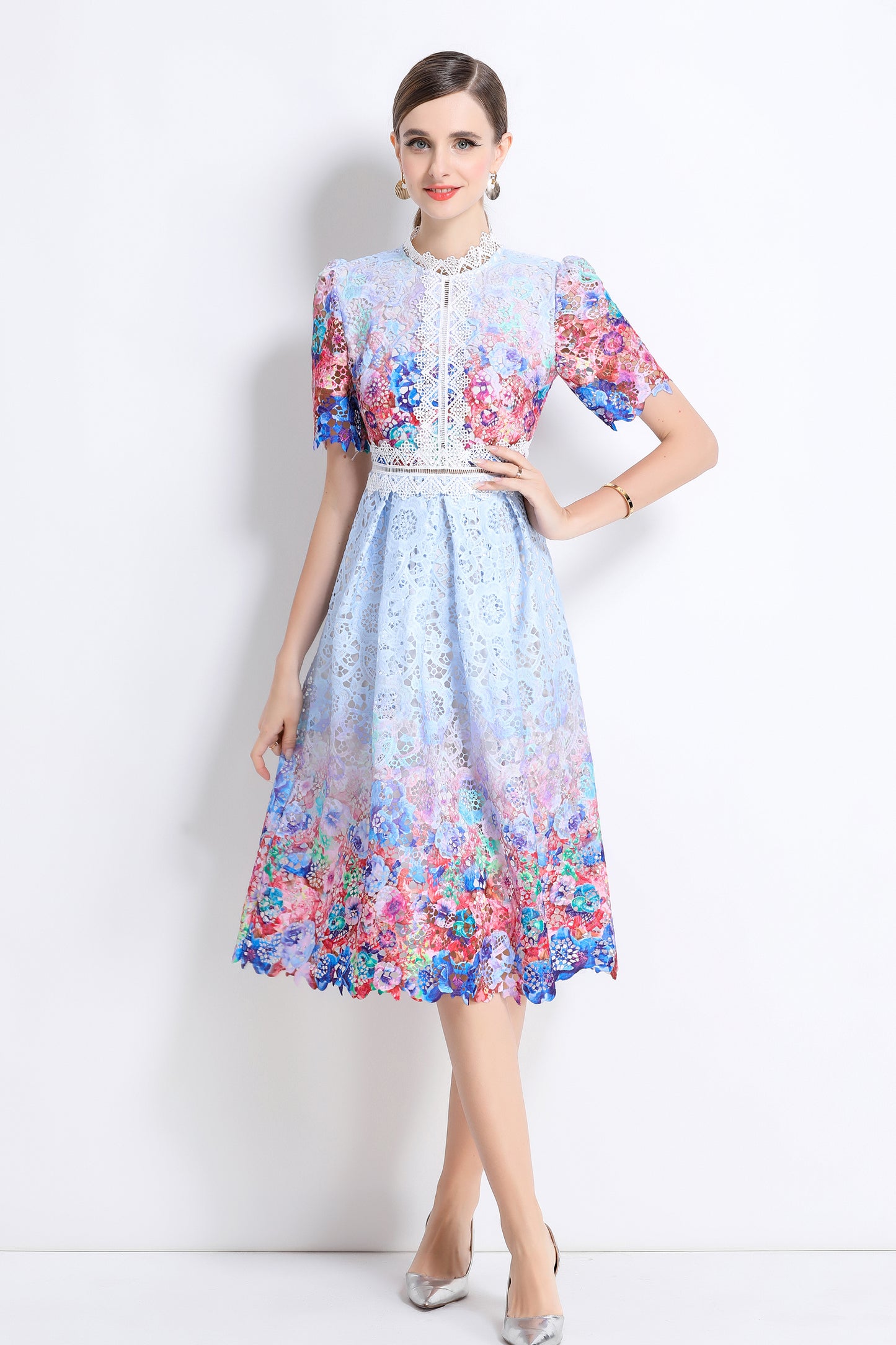 Women's Lace Floral Crochet Waist Midi Dress