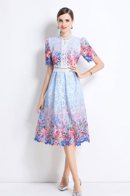 Women's Lace Floral Crochet Waist Midi Dress