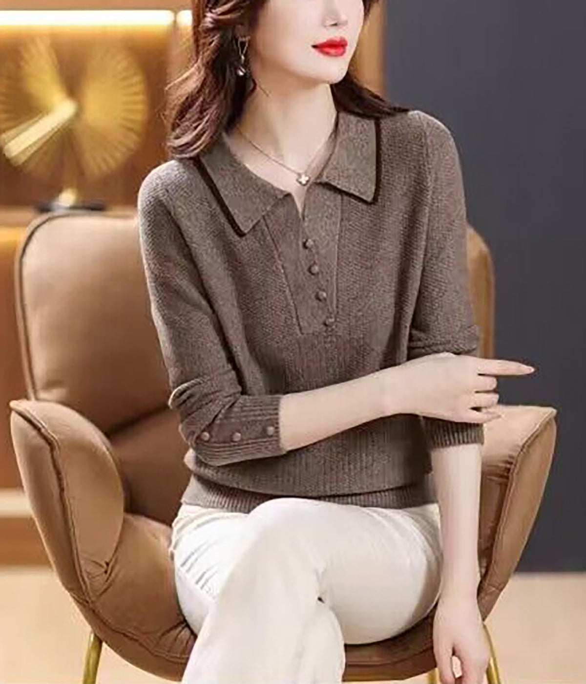 Fine-Knit Polo Top with Contrast Collar & Layered Look Sweater