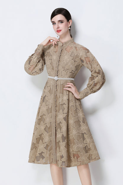 Women's Long Sleeve Eyelet Embroidery Button Midi Dress