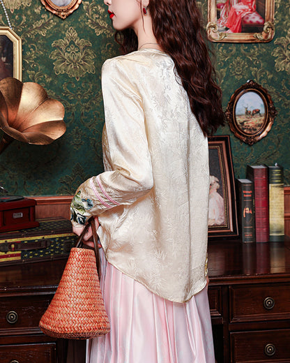New Chinese Style Jacquard Blouse with Embroidered Cuffs
