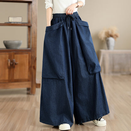 Women's Oversized Denim Wide Leg Pants Drawstring with Large Pockets