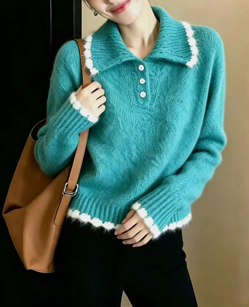 Contrast Trim Knit Polo Sweater | Soft Long Sleeve Pullover
