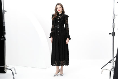 Women's Lace Mandarin Bell Sleeve Ruffles Dress