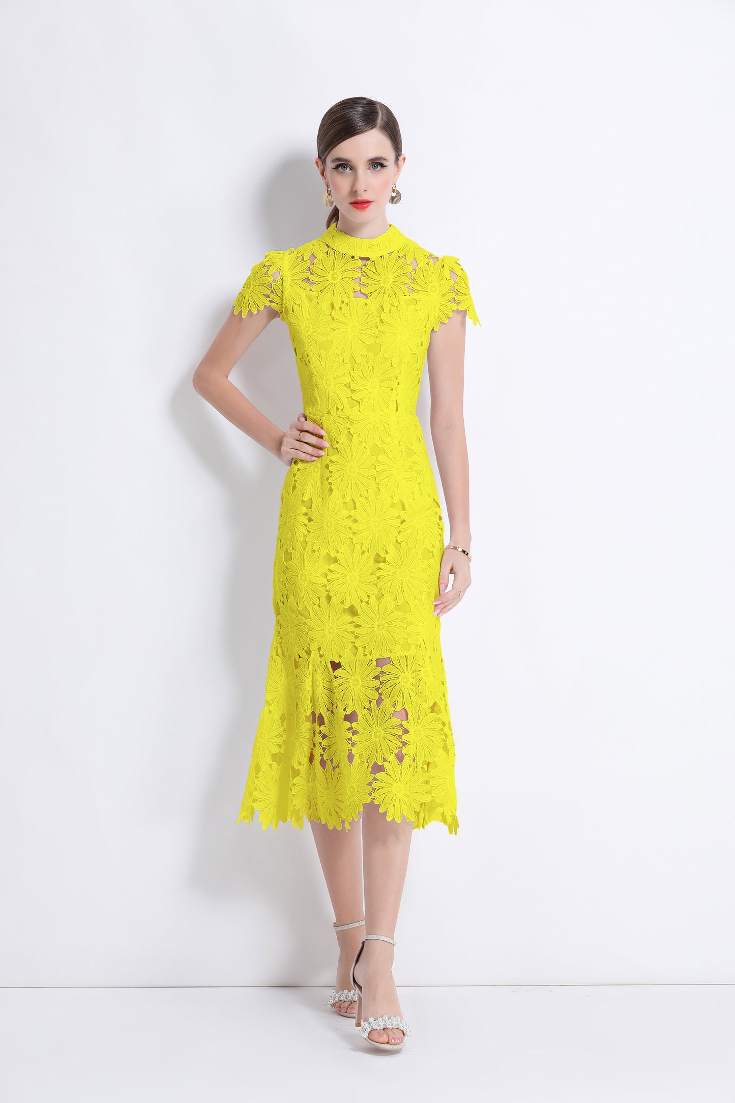 Women Hollow Out Lace Floral Fishtail Midi Dress