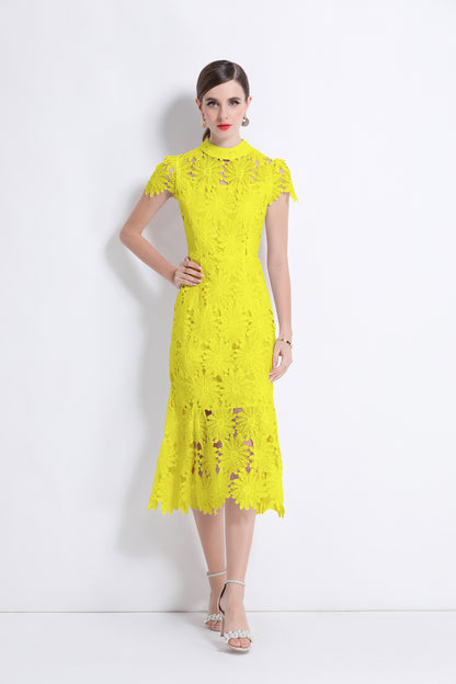 Women Hollow Out Lace Floral Fishtail Midi Dress