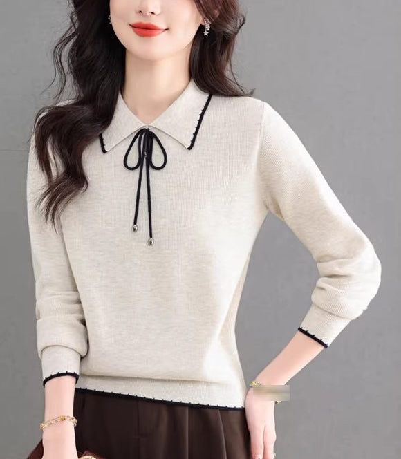Contrast Trim Bow Collar Knit Top Long Sleeve Soft Sweater