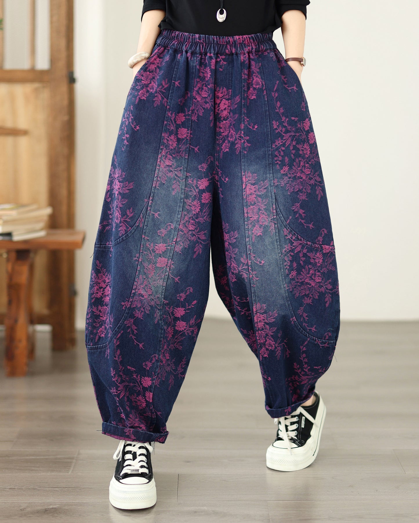 Vintage Print Denim Jeans for Women - High-Waisted, Loose-Fit Harem Pants
