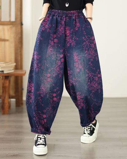 Vintage Print Denim Jeans for Women - High-Waisted, Loose-Fit Harem Pants