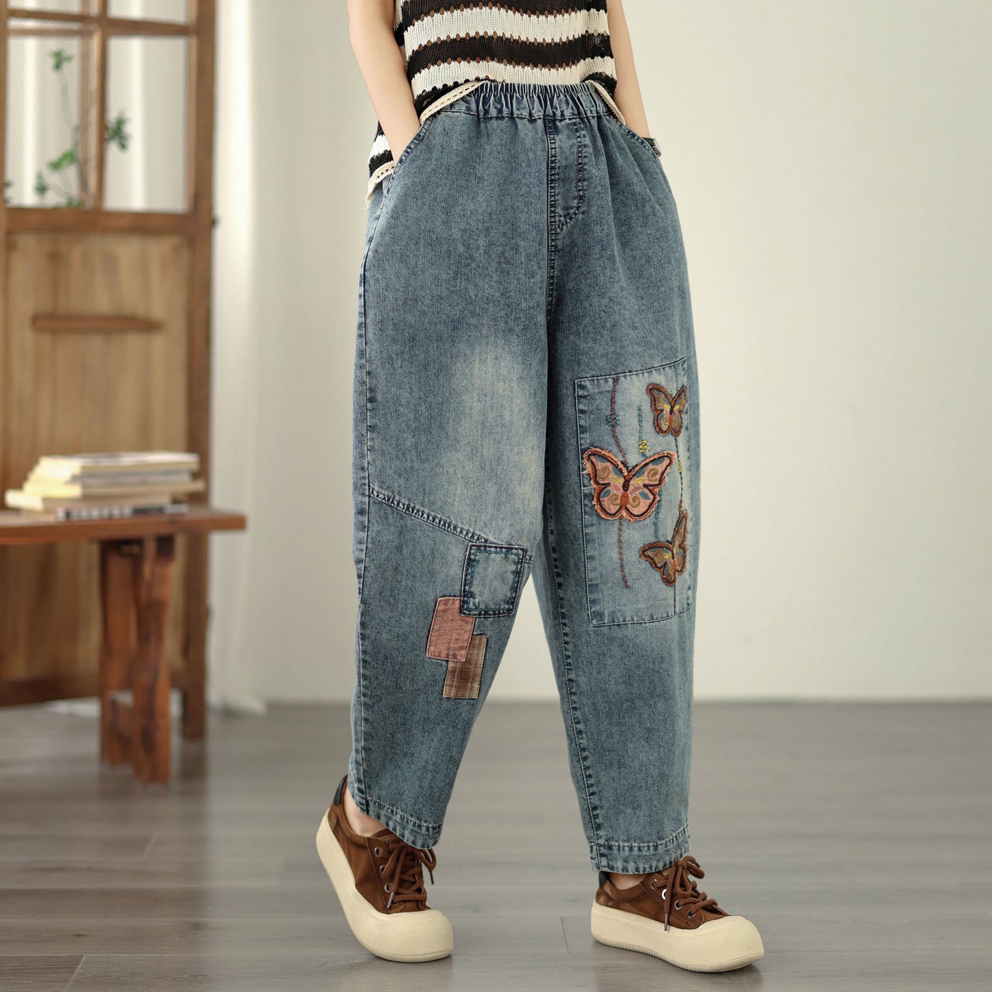 Women's Casual Denim Harem Jeans Elastic Waist Loose Pants - LAI MENG FIVE CATS