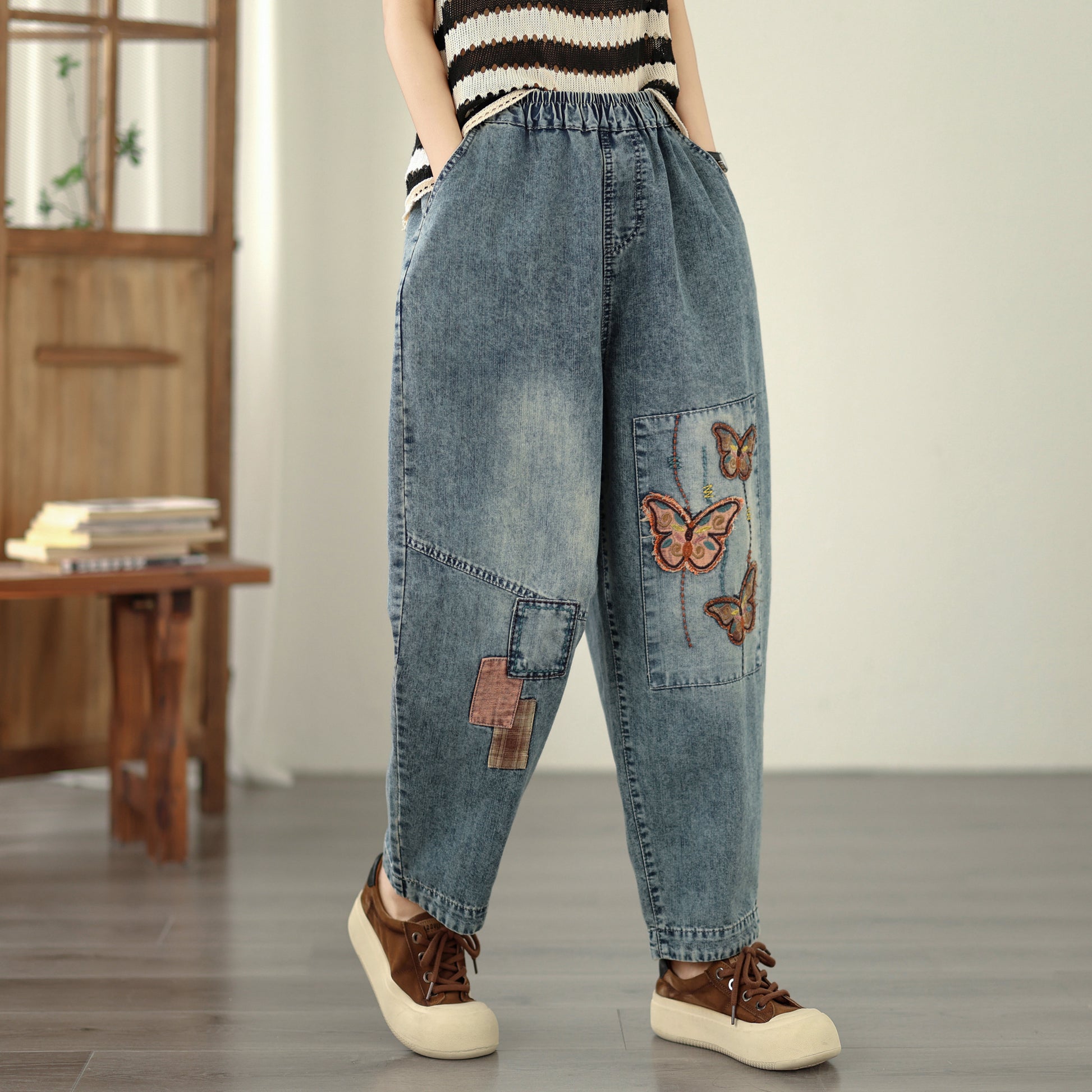 Women's Casual Denim Harem Jeans Elastic Waist Loose Pants - LAI MENG FIVE CATS