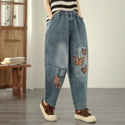 Women's Casual Denim Harem Jeans Elastic Waist Loose Pants - LAI MENG FIVE CATS