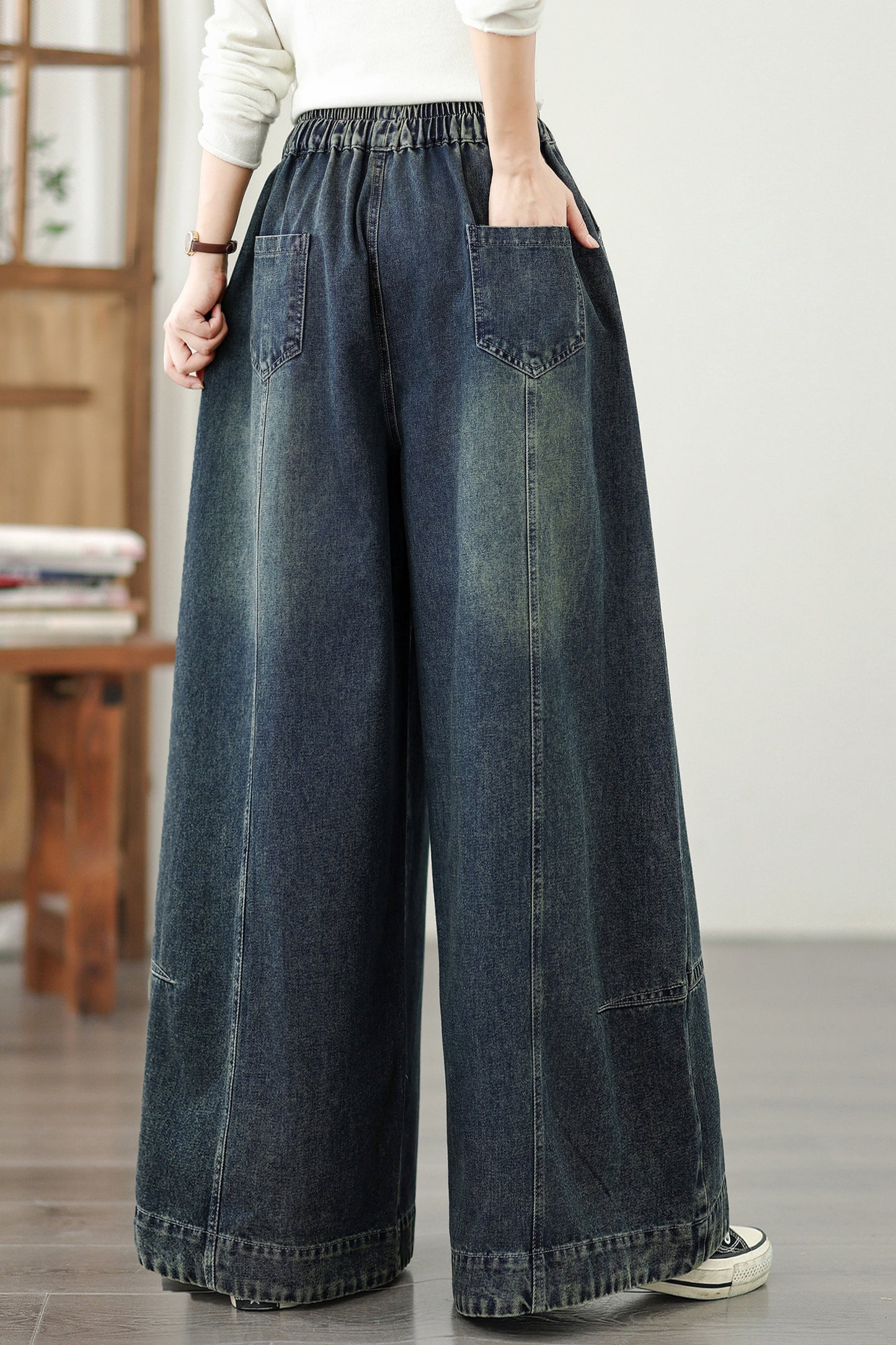 Jeans for Women Wide Leg Pull On Elastic Waist Denim - LAI MENG FIVE CATS